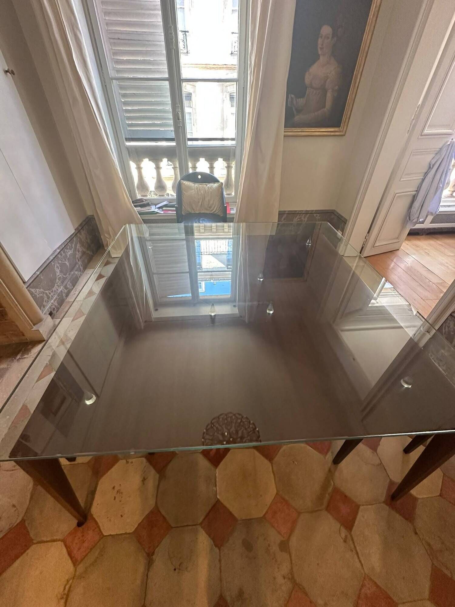 Dining table glass and wood. Italian vintage from the 80s.