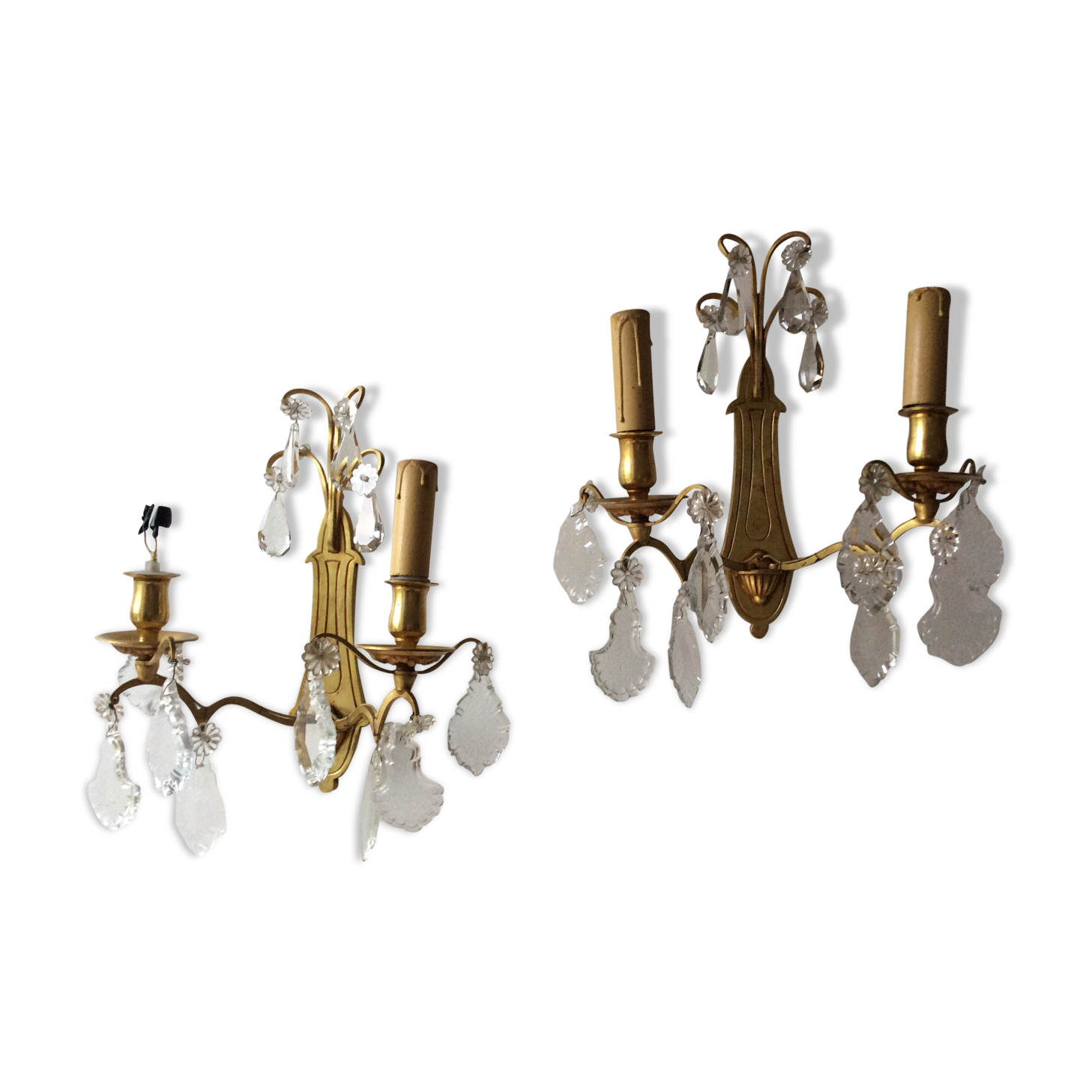 Pair of old style Louis XVI gilded bronze and Crystal