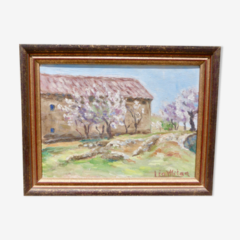 Framed oil on canvas, countryside landscape