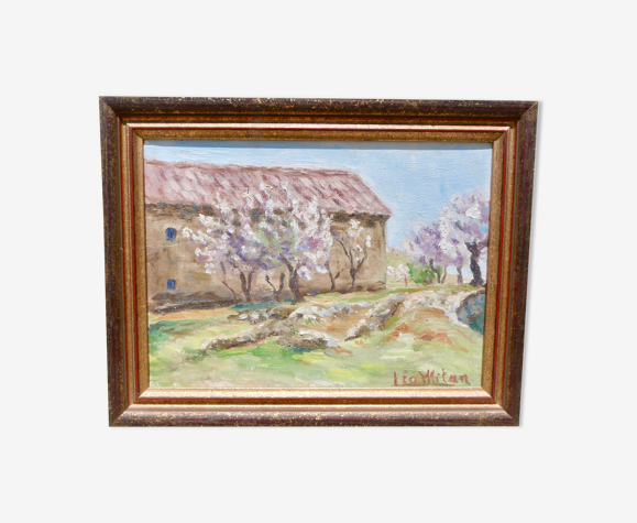 Huile sur toile encadrée, paysage de campagne