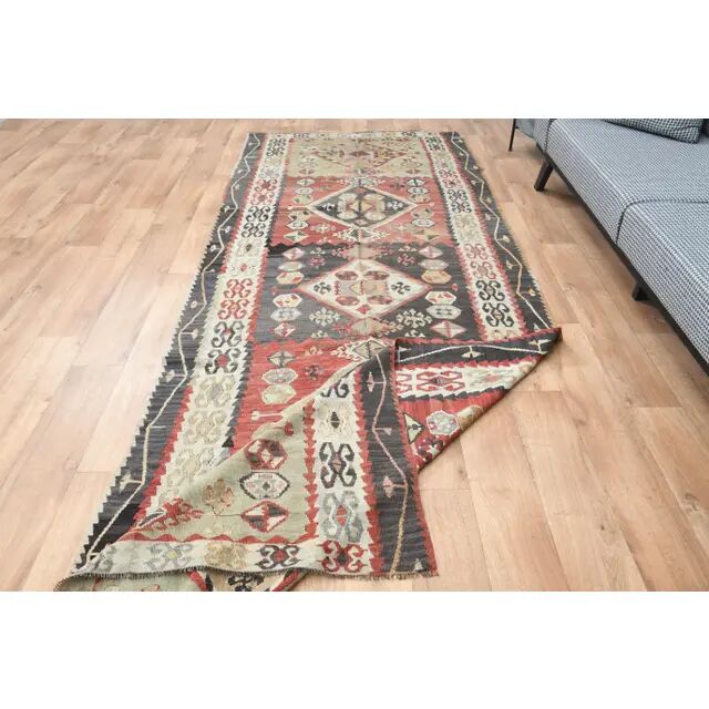 1970s Turkish Oushak Handmade Wool Cotton Red Runner Rug 131x354