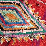 Moroccan Berber carpet boucherouite old red corridor with colored diamonds 271x100cm