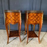 Pair of bedside tables Louis XV style marquetry with shamrocks and XXth bronze