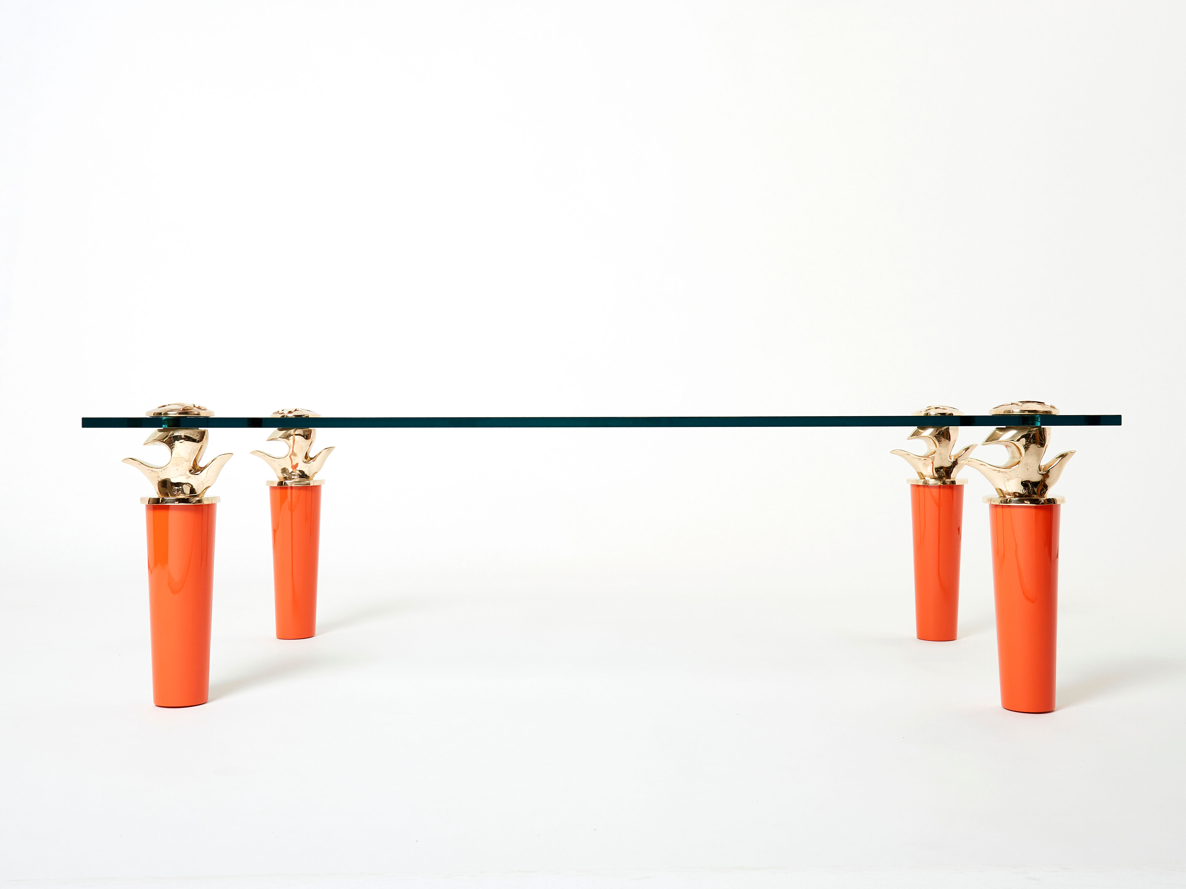 Rare coffee table lacquer orange bronze glass signed Garouste & Bonetti 1995