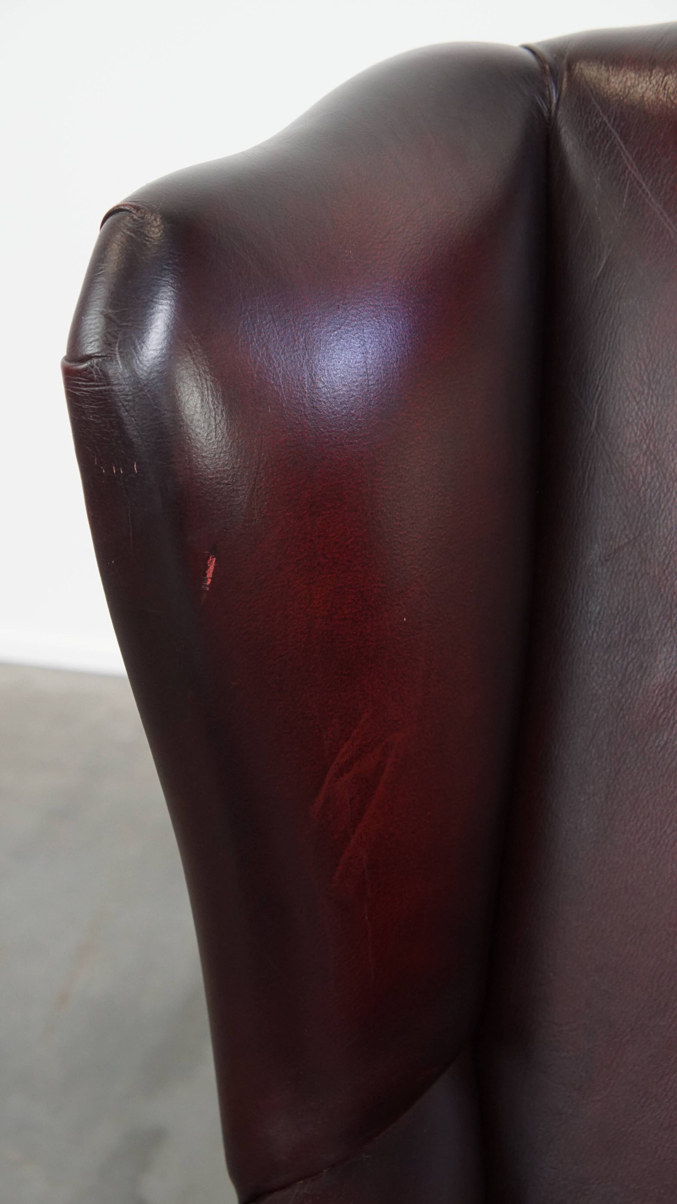 Bordeaux Red Cowhide Wingback Chair in English Style