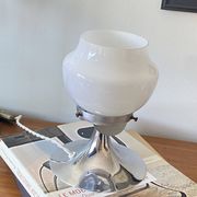 Vintage globe lamp in white opaline glass and chrome metal.