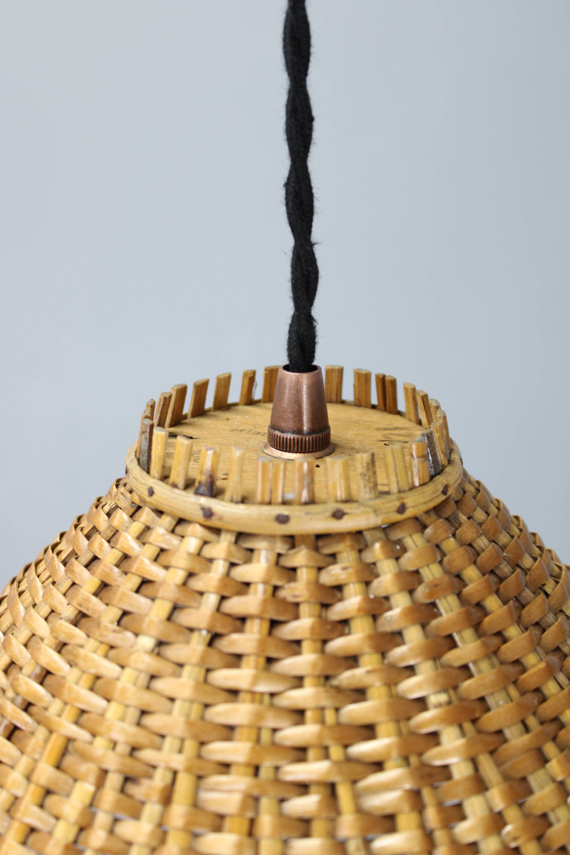 Adjustable oak and wicker wall lamp, Czechoslovakia, 1970s
