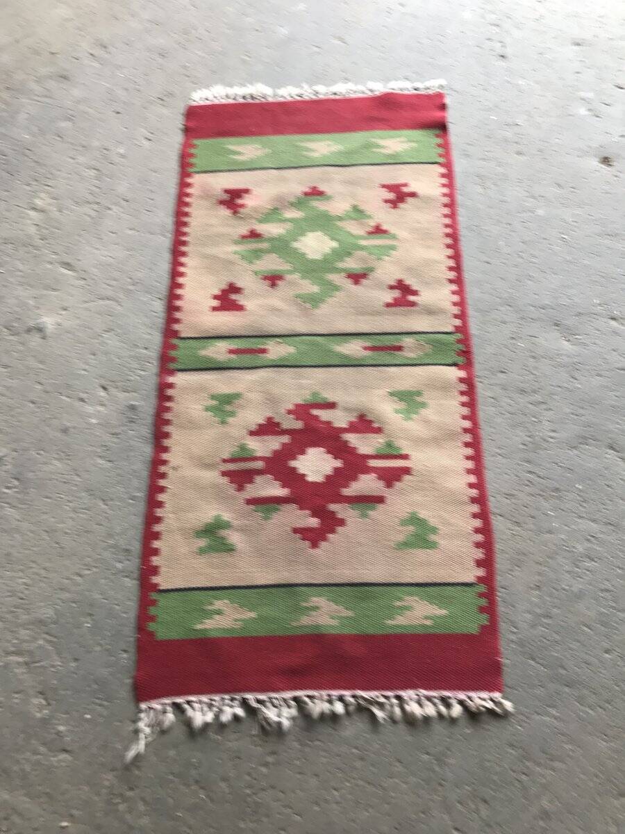 Mid-century multicoloured hallway rug in textile, kilim style, 1950s — 106 x 47 cm