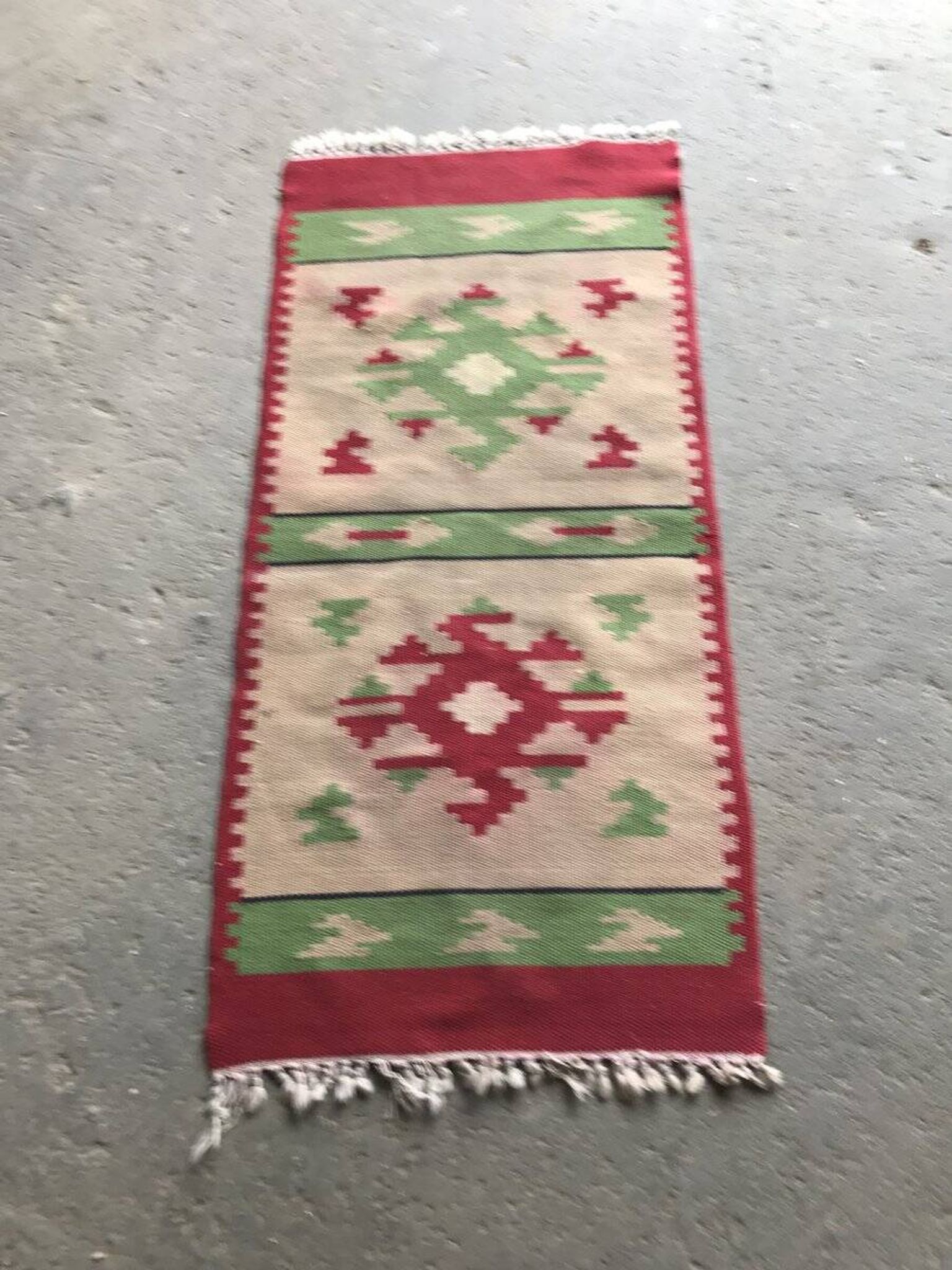 Mid-century multicoloured hallway rug in textile, kilim style, 1950s — 106 x 47 cm