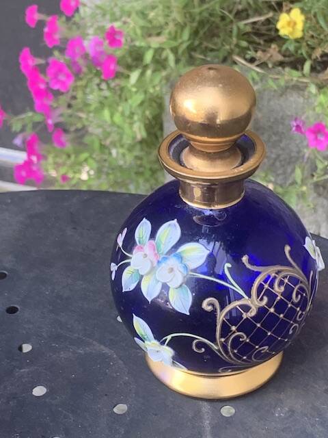 Perfume bottles, in hand-painted blue Bohemian crystal, antique.
