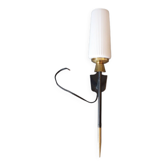 Large 1960 torchiere wall light in black metal, gilded brass and vintage white opaline.
