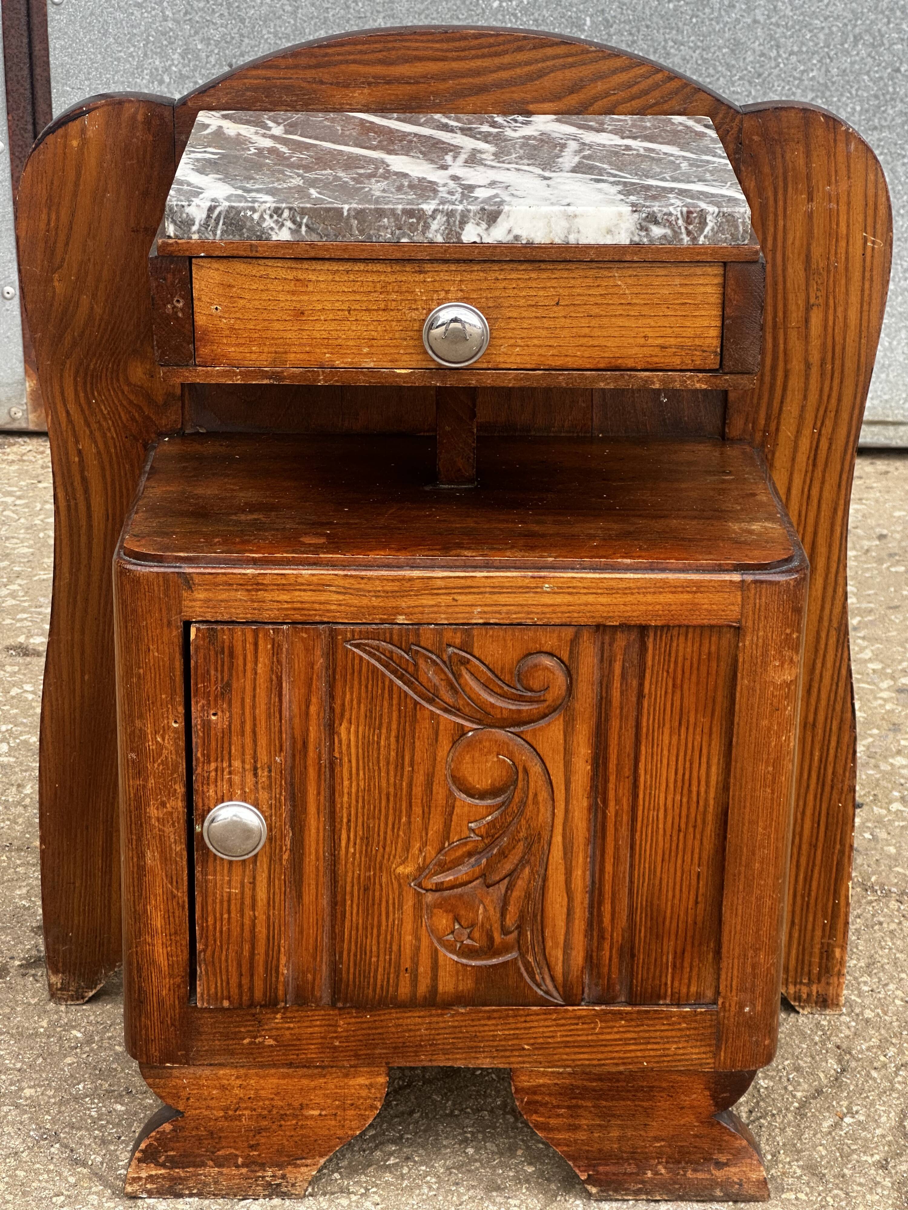 Art Deco bedside table in oak and marble