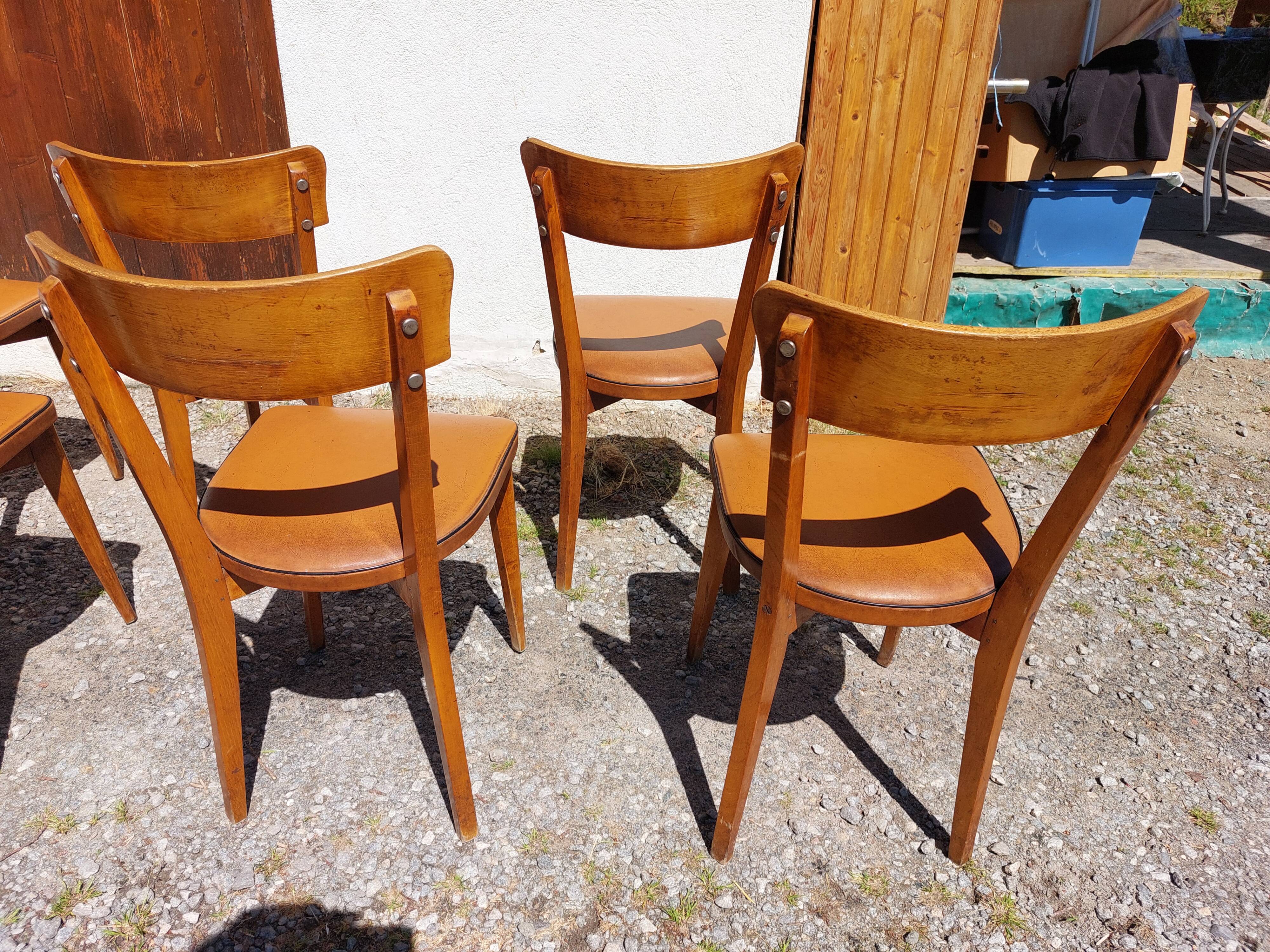 6 vintage 1960s wooden bistro chairs with camel faux leather.