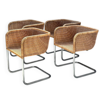 Set of 4 cantilever wicker chairs, attributed to Harvey Probber, USA, 1970s.