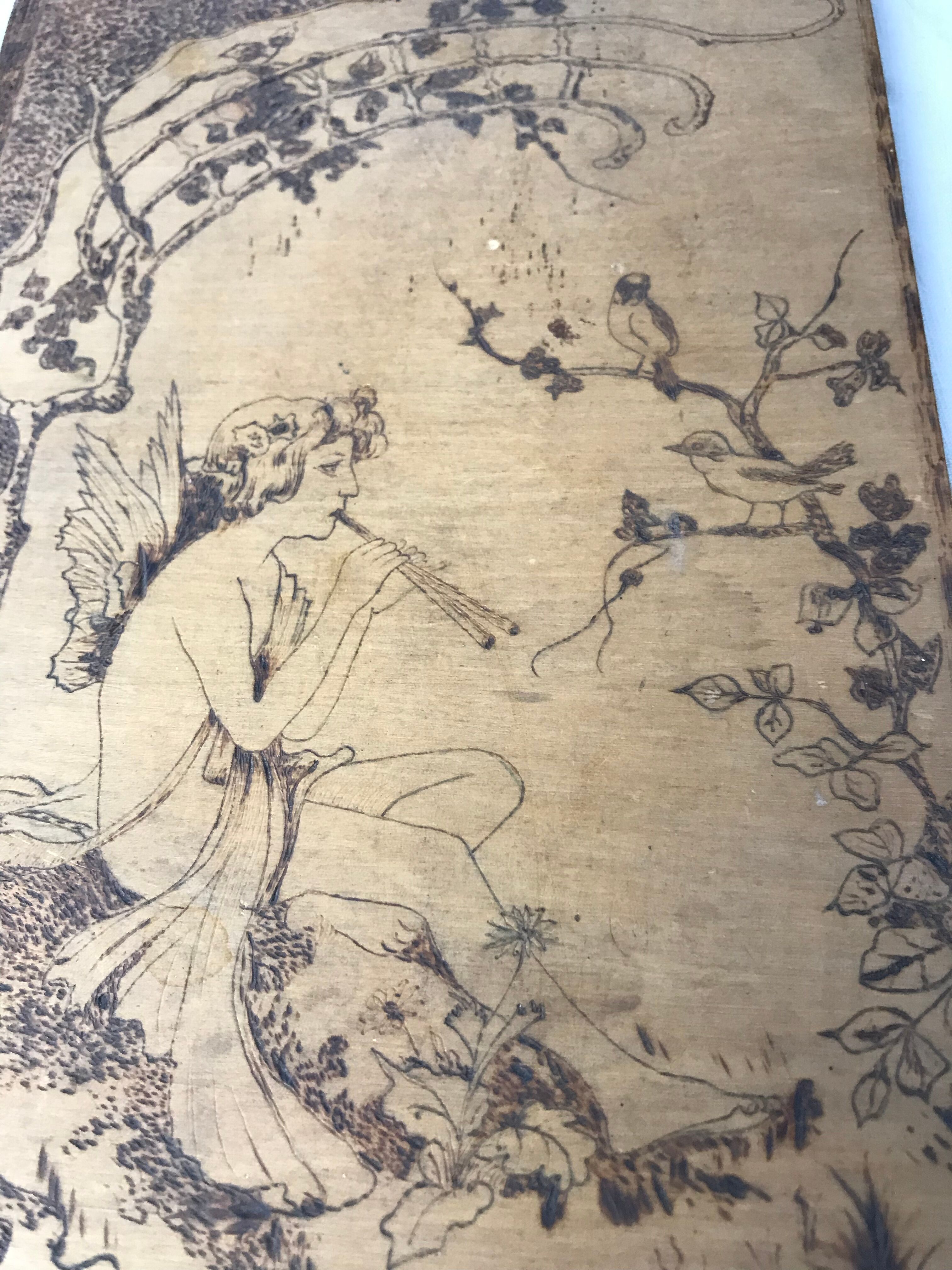 Art Nouveau panel in pyrograved wood signed Houal