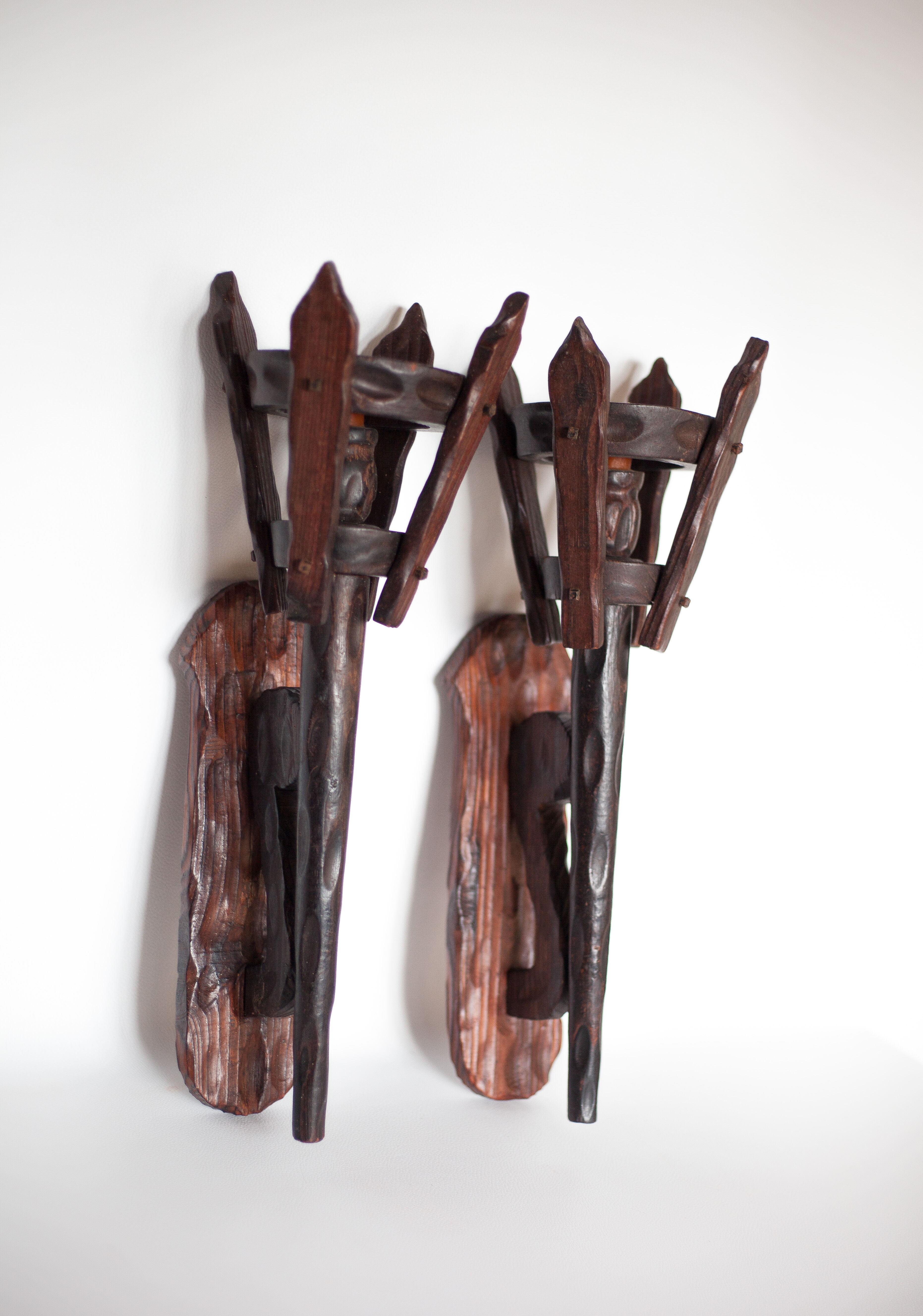 Pair of brutalist wood candle holders