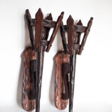 Pair of brutalist wood candle holders