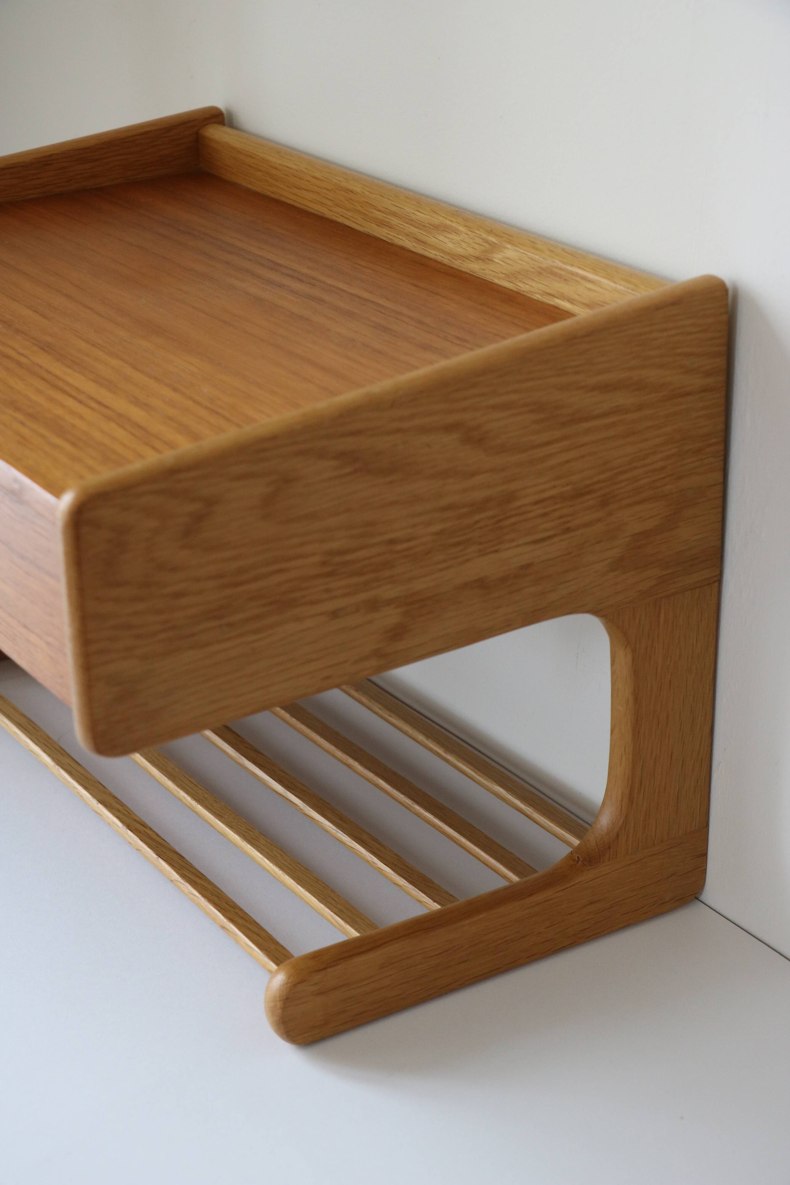 Scandinavian bedside table or wall console, oak and teak 1960