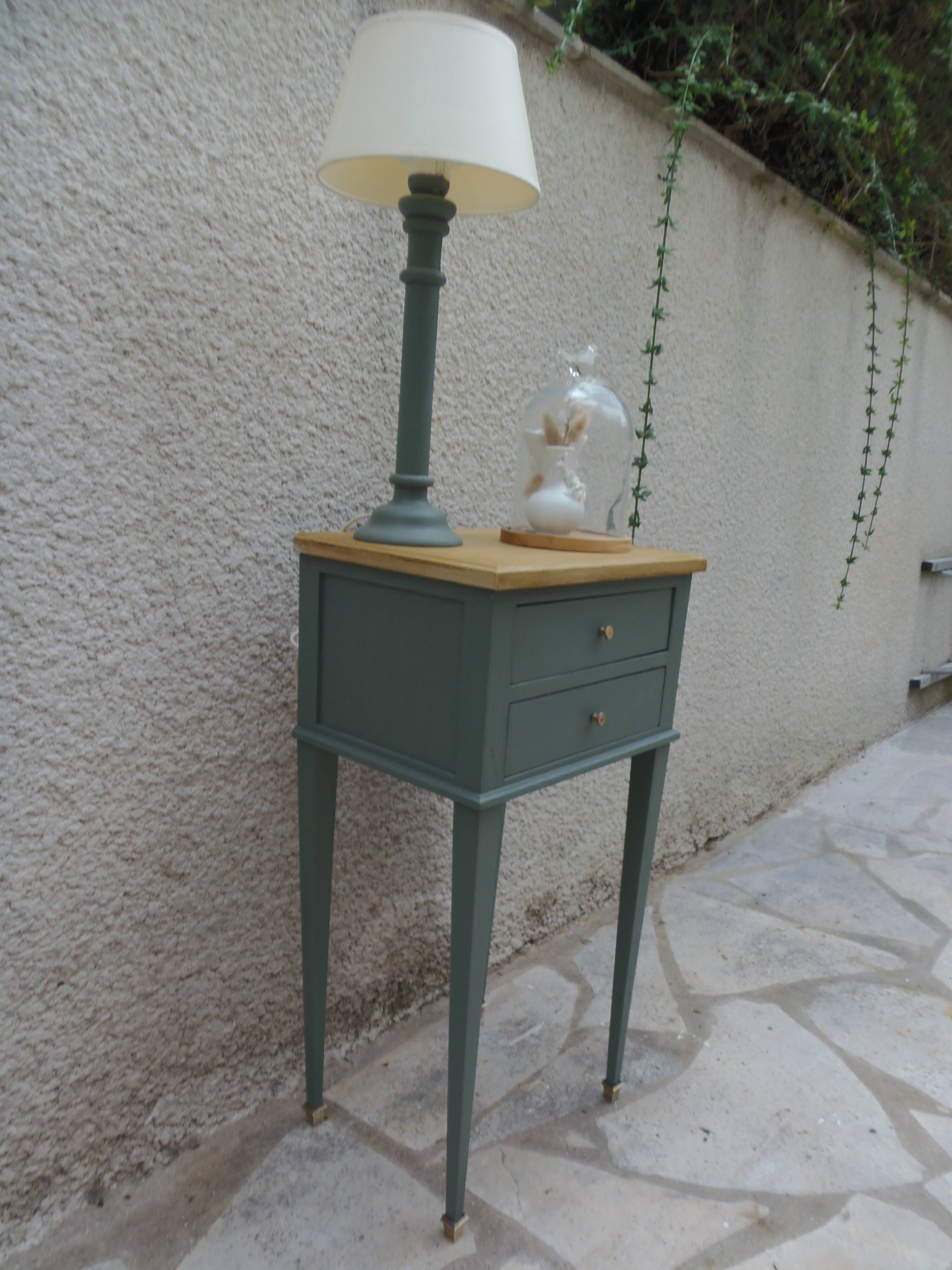 Bedside table, coffee table enhanced in smoky green, wooden top.