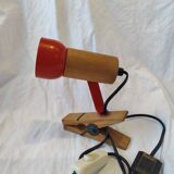 Vintage wooden and red metal clamp spotlight