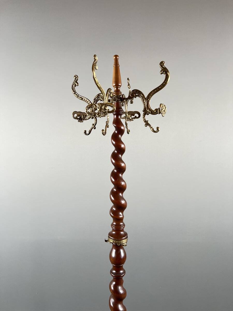 Twisted wooden coat rack with gilded bronze, 20th century