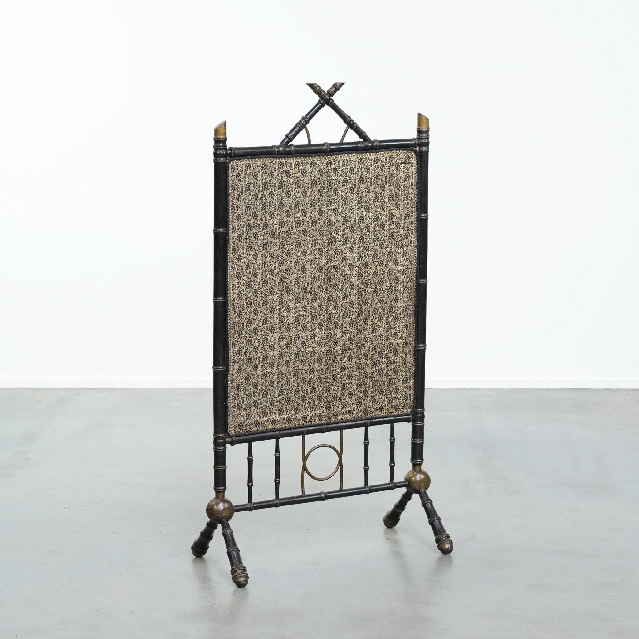Antique French faux bamboo firescreen with luxurious fabric
