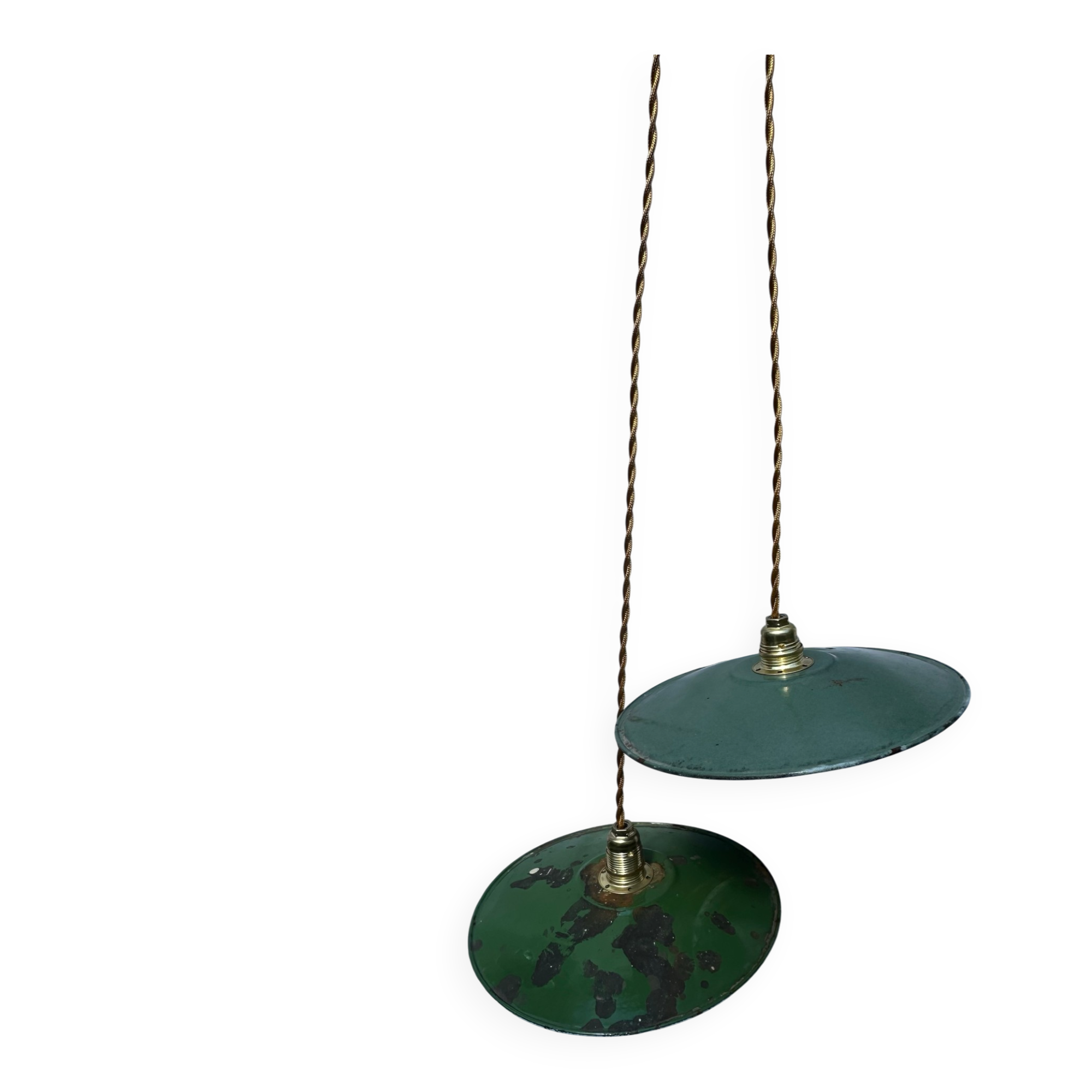 Old suspension pair in green and white enamelled sheet metal.