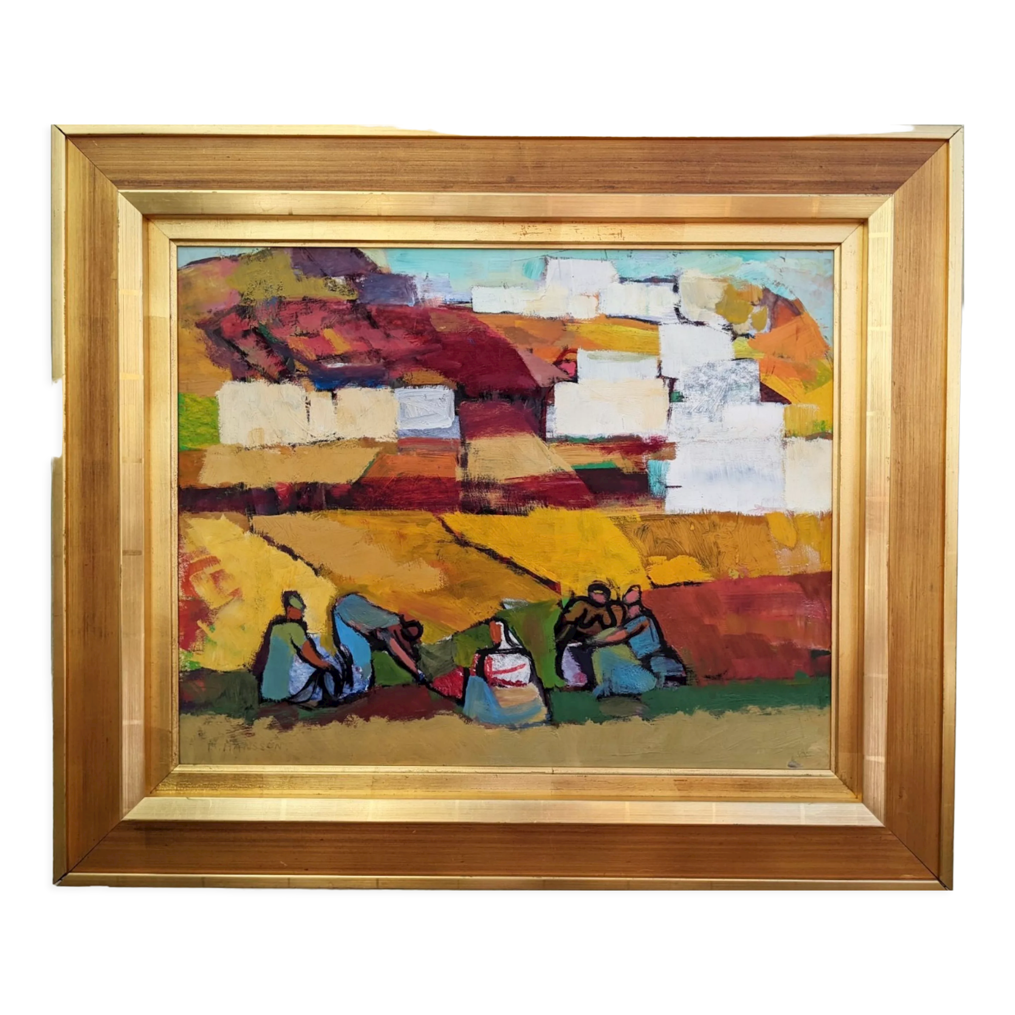 Mid-Century Modern Swedish "On the Fields" Vintage Swedish Figurative Oil Painting, Framed