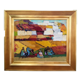 Mid-Century Modern Swedish "On the Fields" Vintage Swedish Figurative Oil Painting, Framed