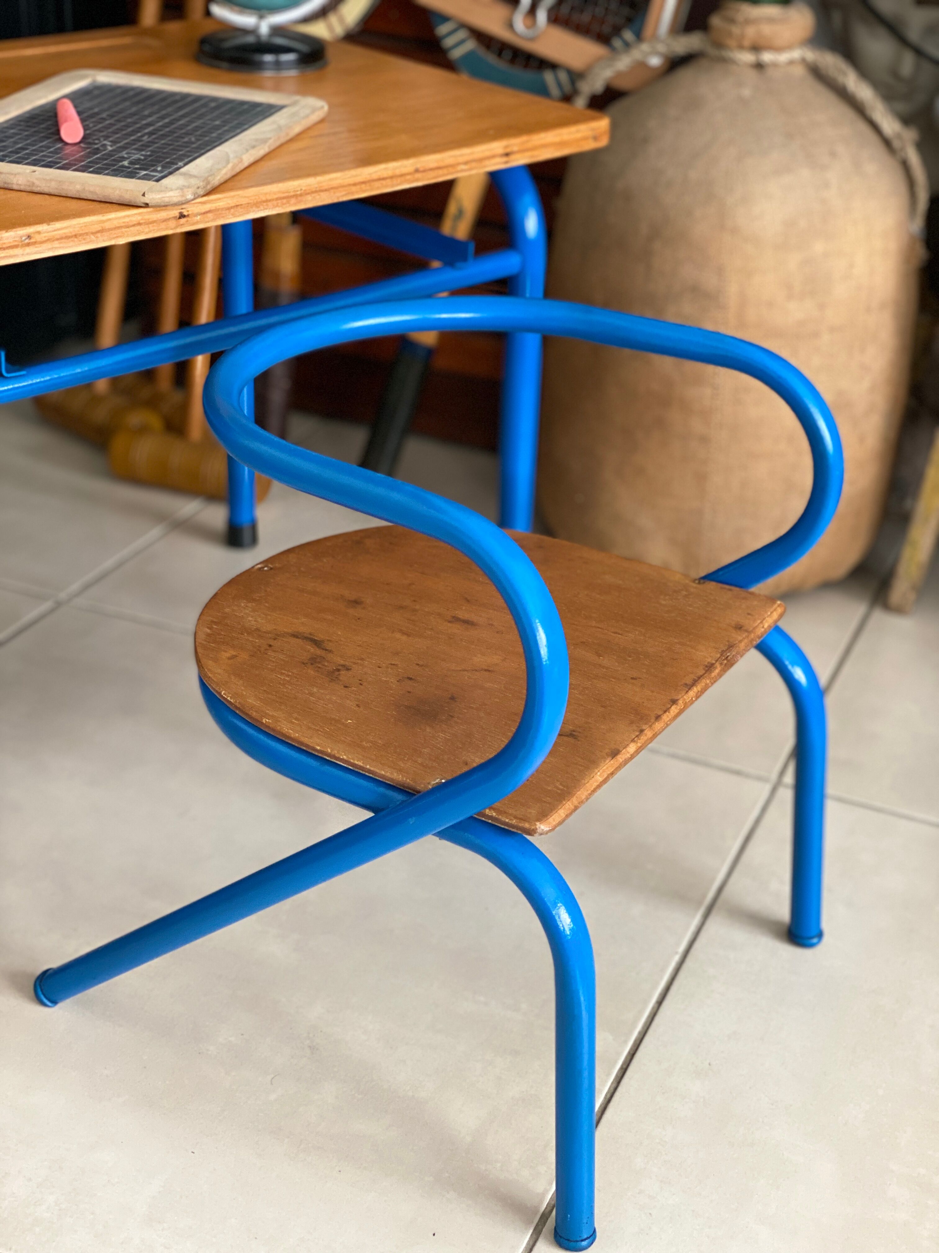 Blue desk and school chair set  design Jacques Hitier
