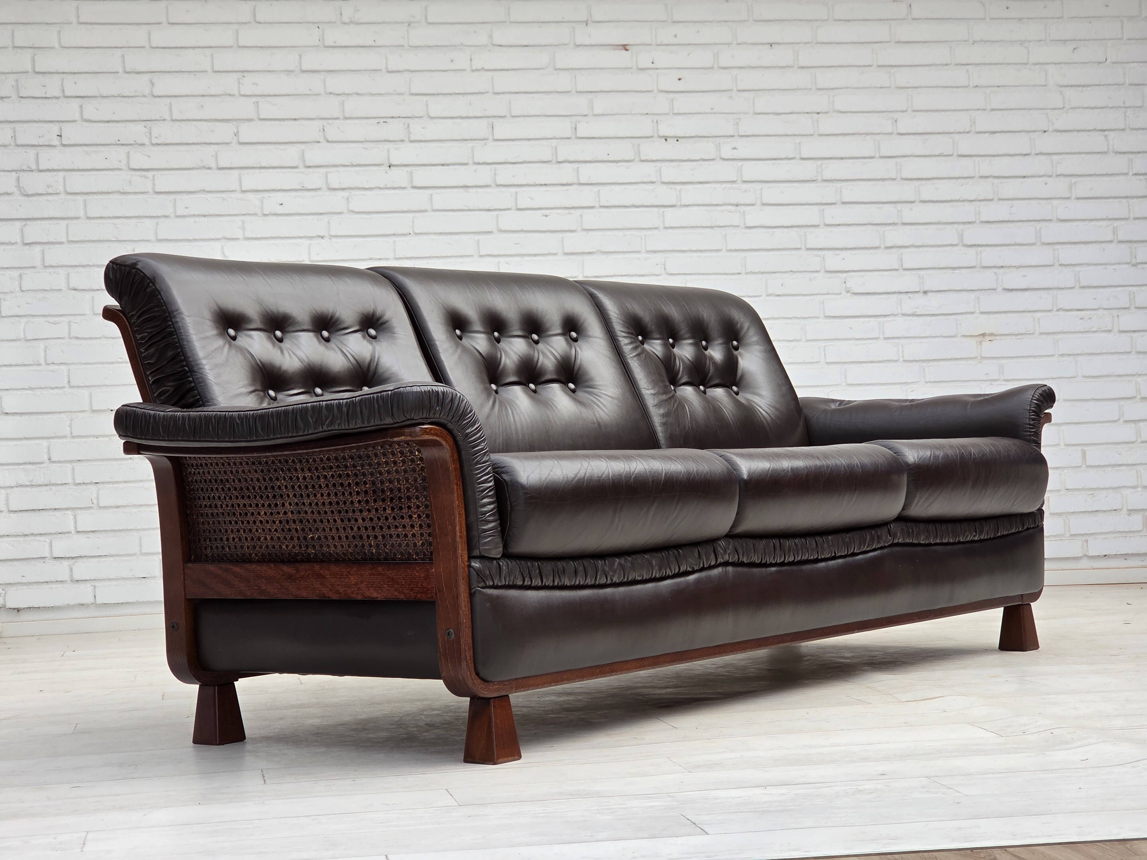 1970s, Scandinavian 3-seater sofa, furniture leather, teak wood legs.