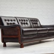 1970s, Scandinavian 3-seater sofa, furniture leather, teak wood legs.