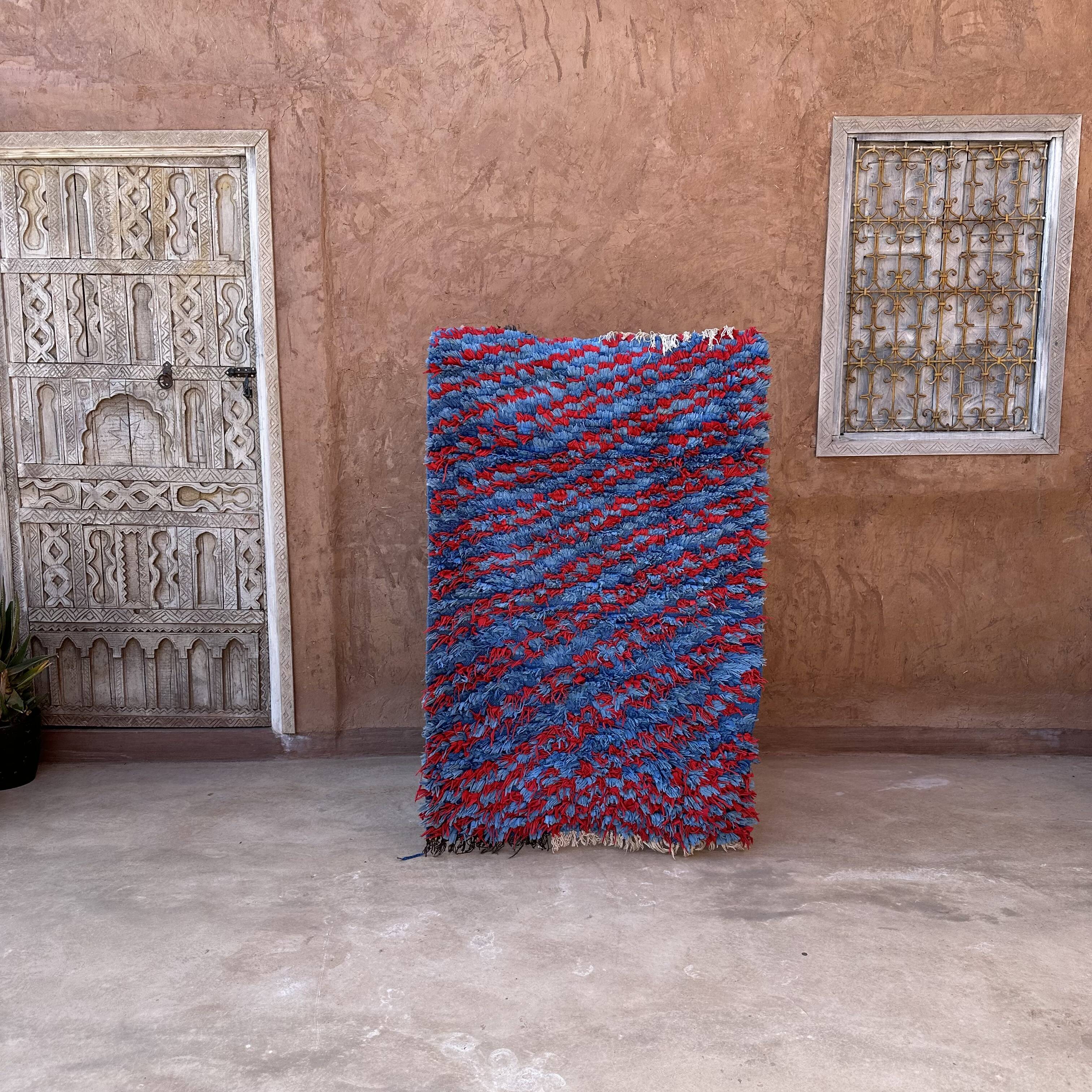 Moroccan carpet Boucherouite blue - 89 x 337 cm