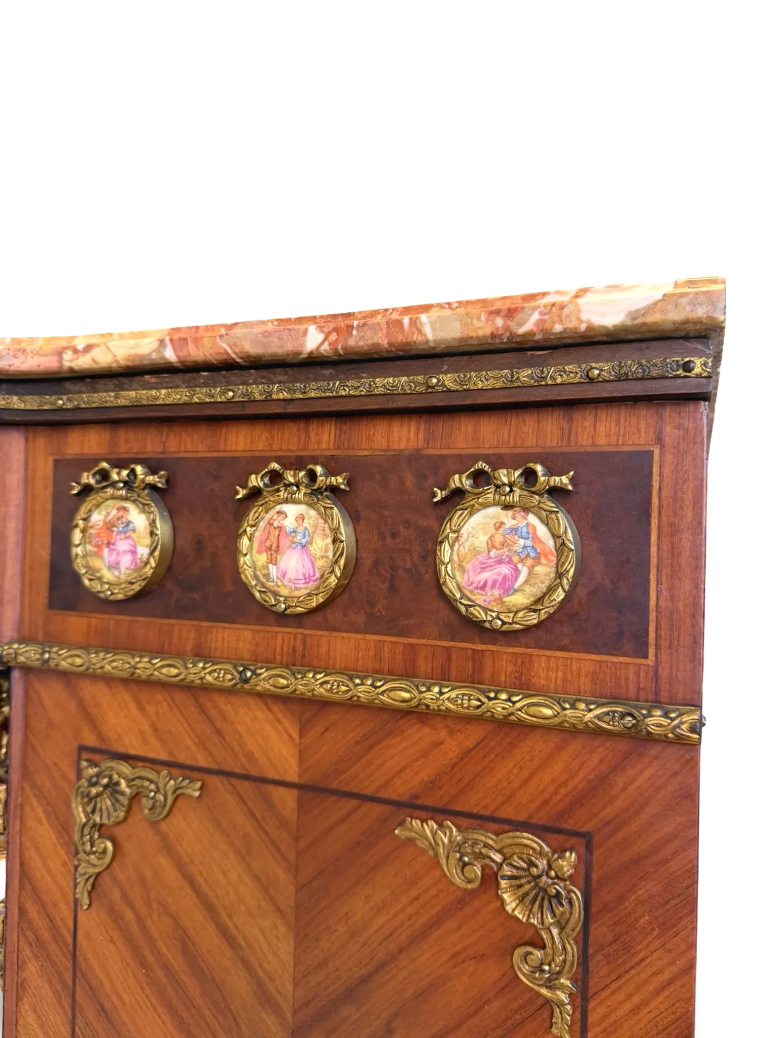 An antique French Louis XVI-style marble-top side cabinet