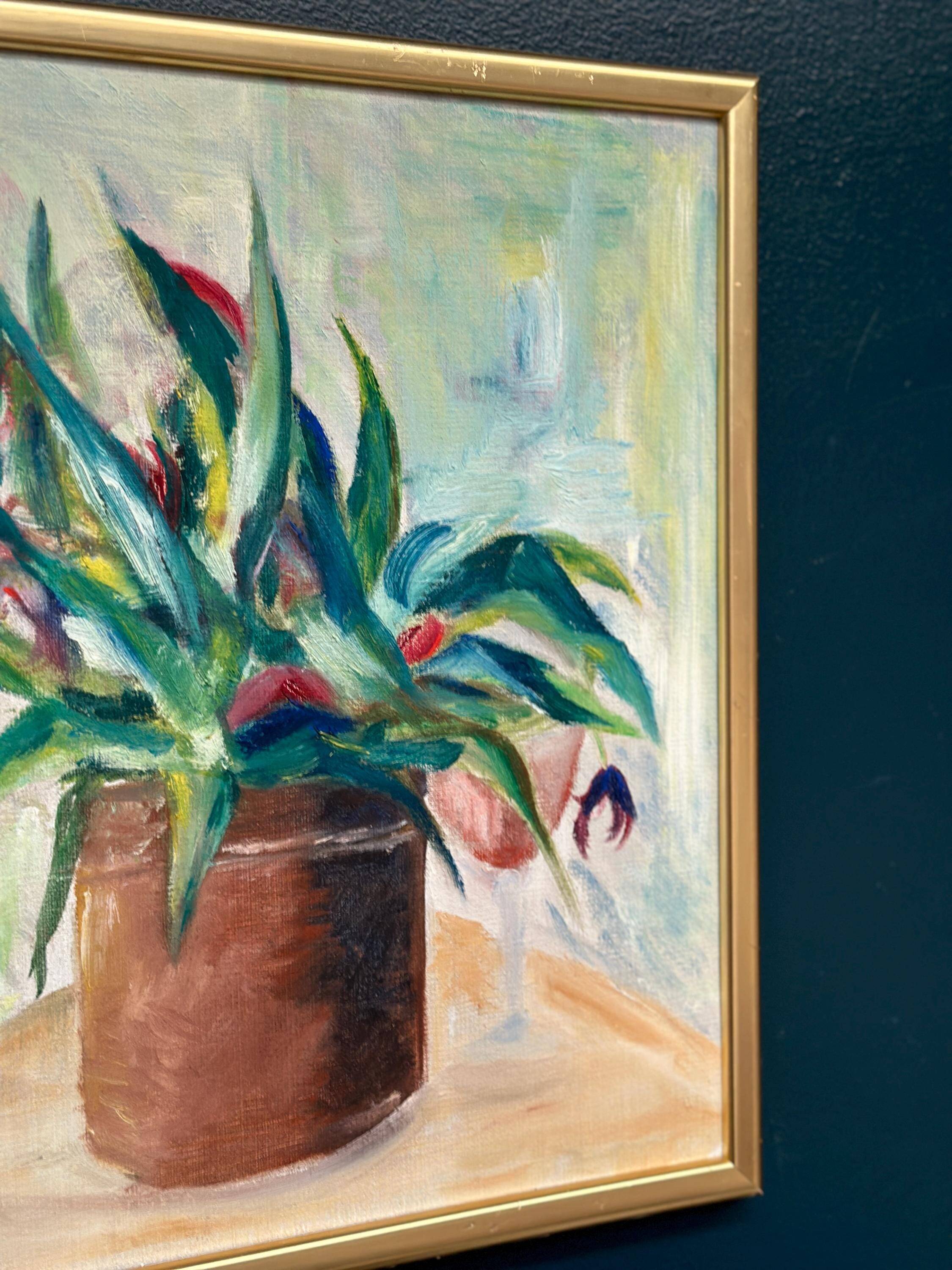 Original Swedish Oil On Canvas – “Vase With Plant” – Vintage & Framed – 34 × 45 Cm
