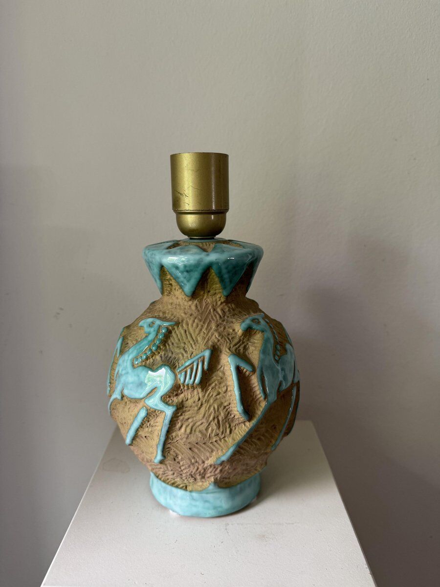 Italian ceramic table lamp with horse relief, 1950s