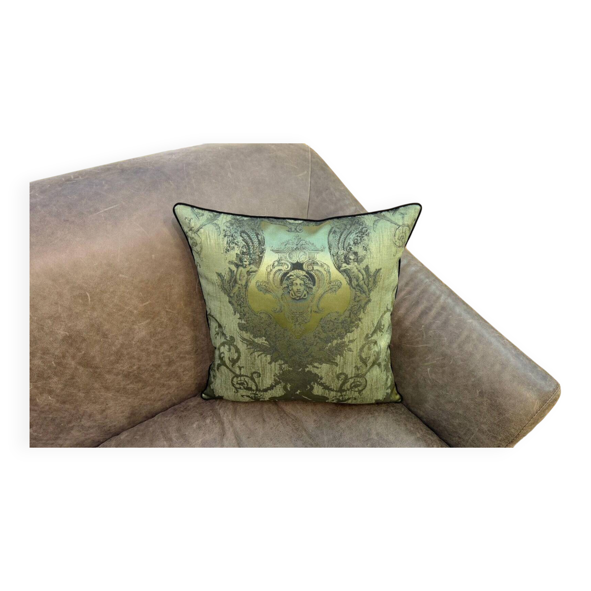Neoclassical Medusa Medallion Cushion, Black Piped Jacquard Pillow Cover