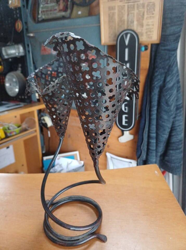 Vintage double candle holder in perforated metal – 60s/70s style