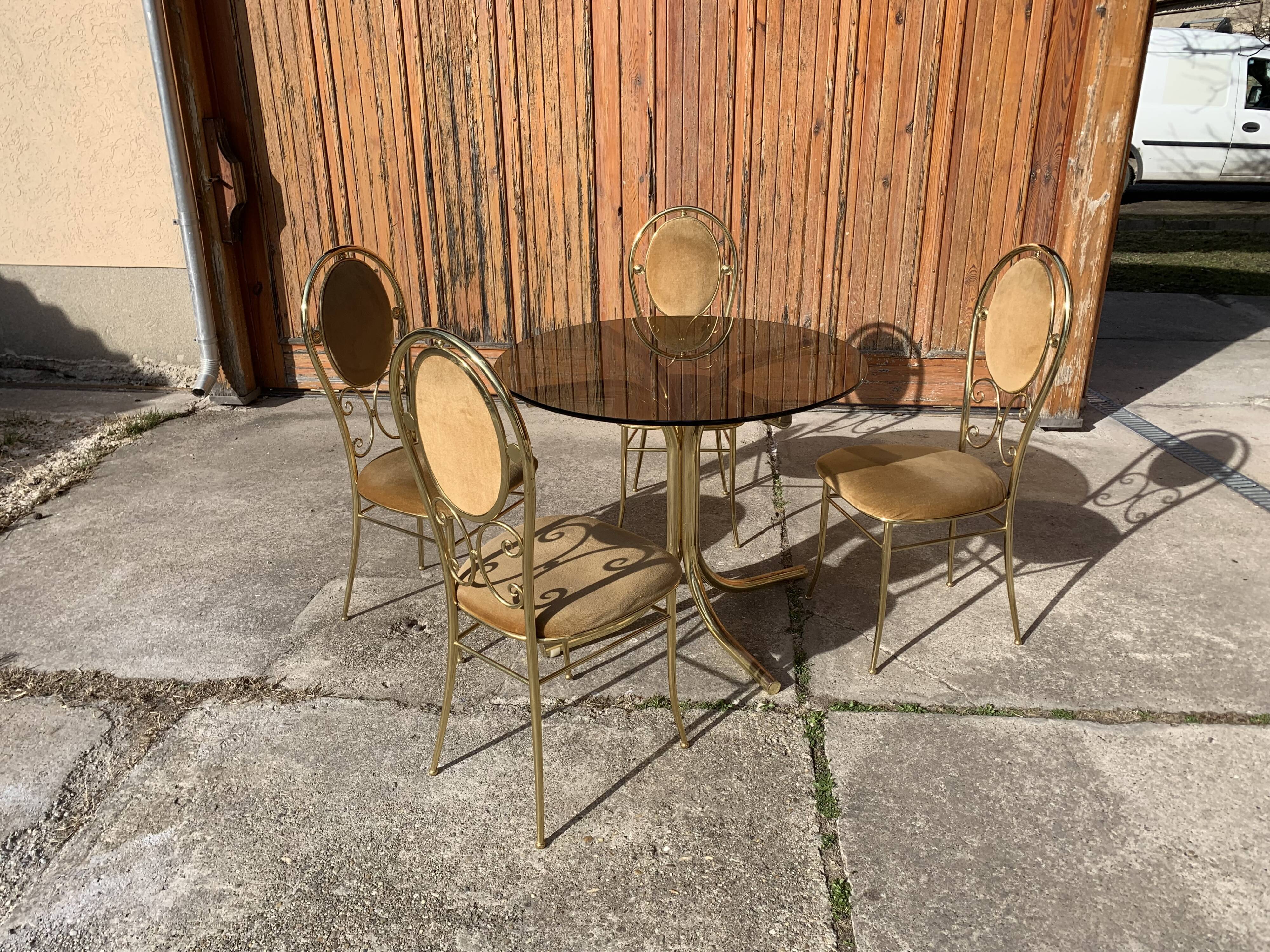 Vintage italian brass dining chairs and table by paolo salice, 1970s, set of 5