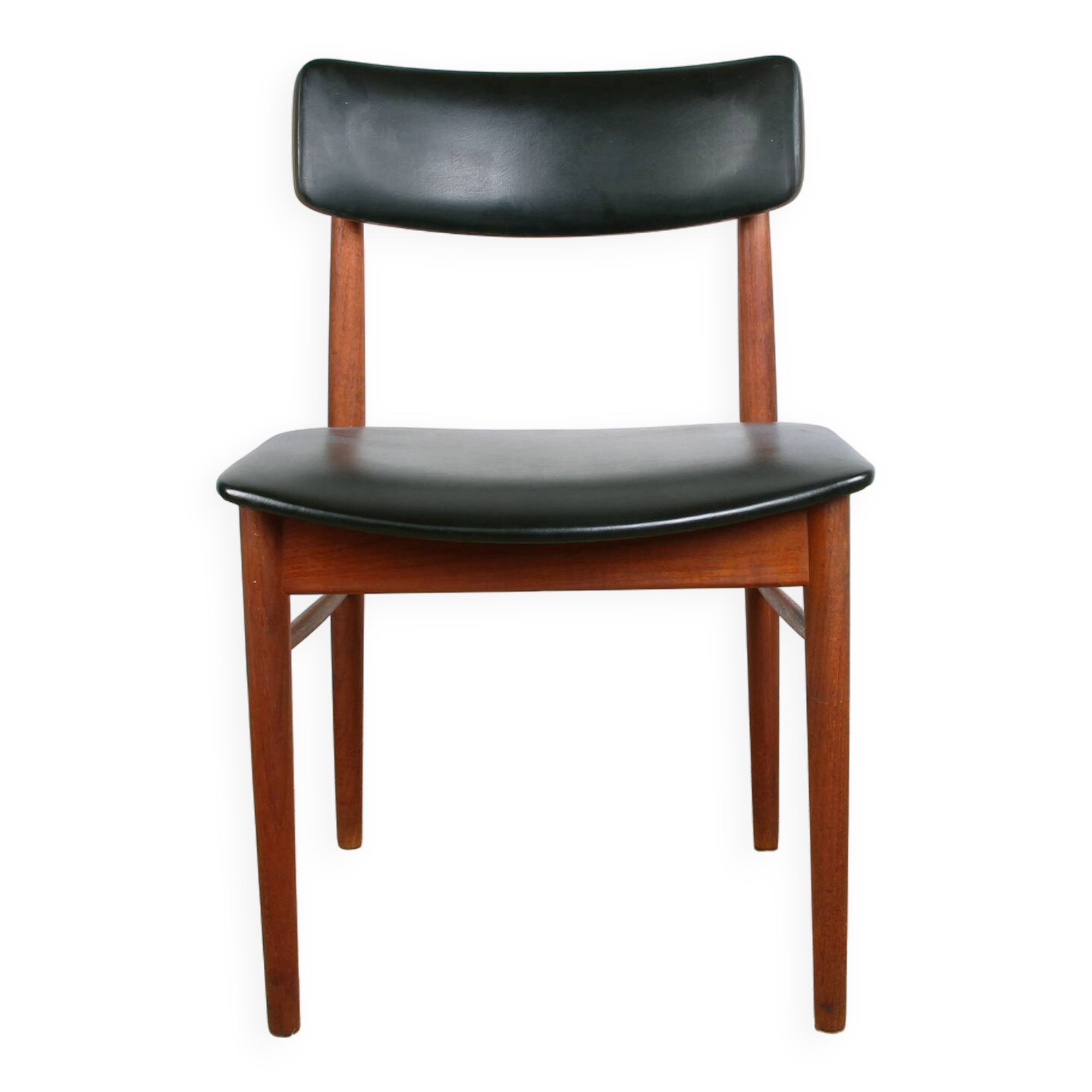 Set of 8 Danish chairs in teak, black leatherette and brass, Sven Chrobat/Sax.