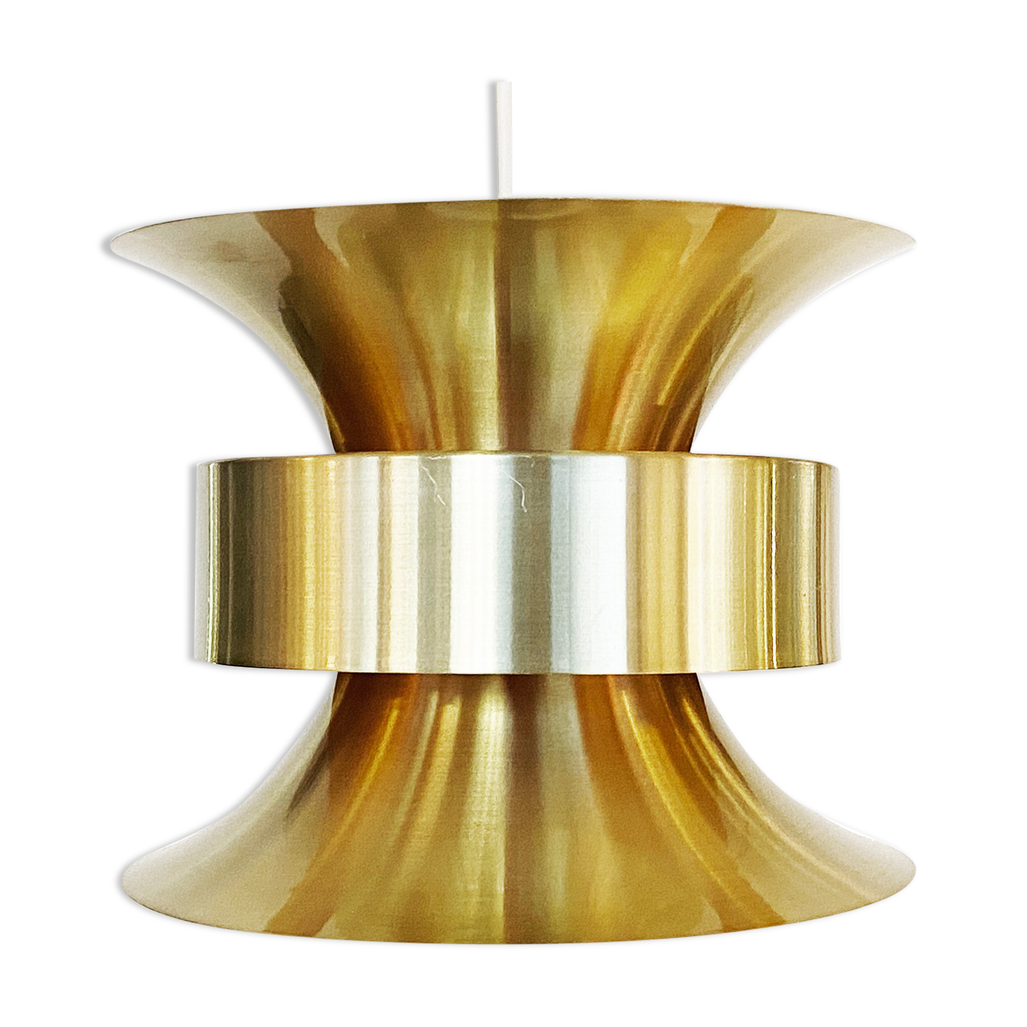 Pendant light in golden brushed aluminum by lyskaer belysning. denmark 1970s