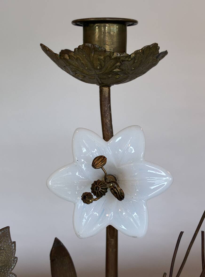 Pair of French Brass Candelabras with Opaline Glass Flowers and Grape Motif