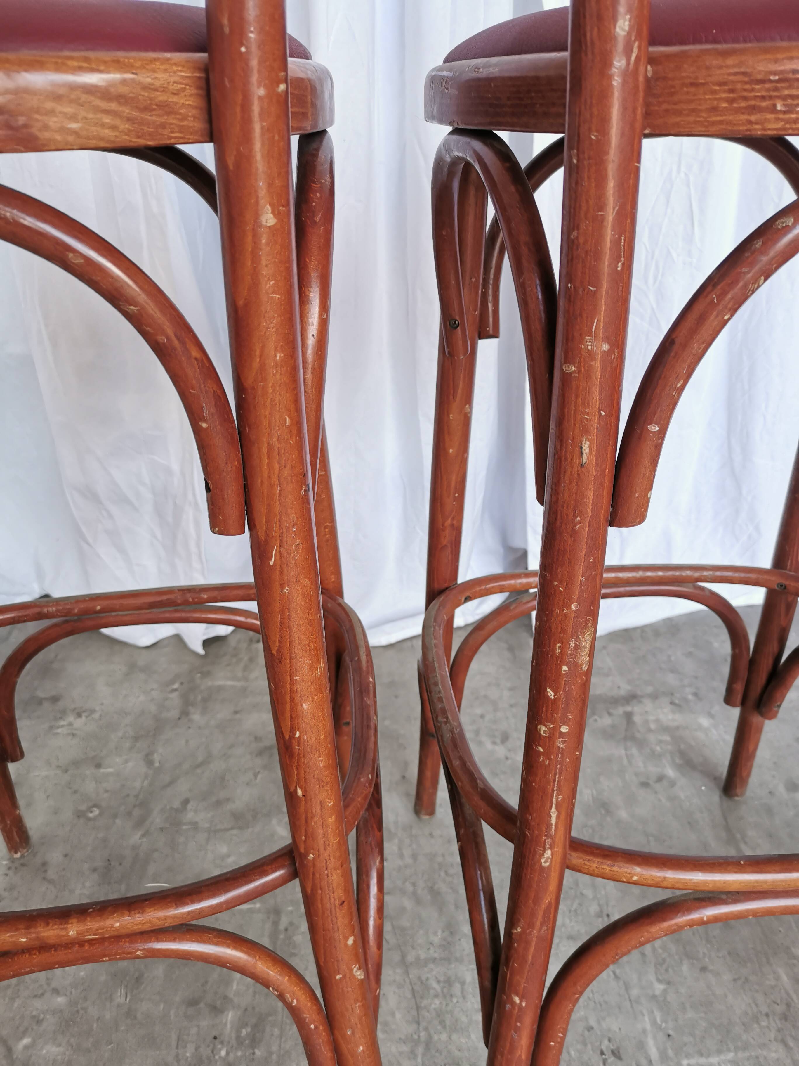 Mid-Century Thonet Style Bar Stools: Red Faux Leather Seat, Set of 2