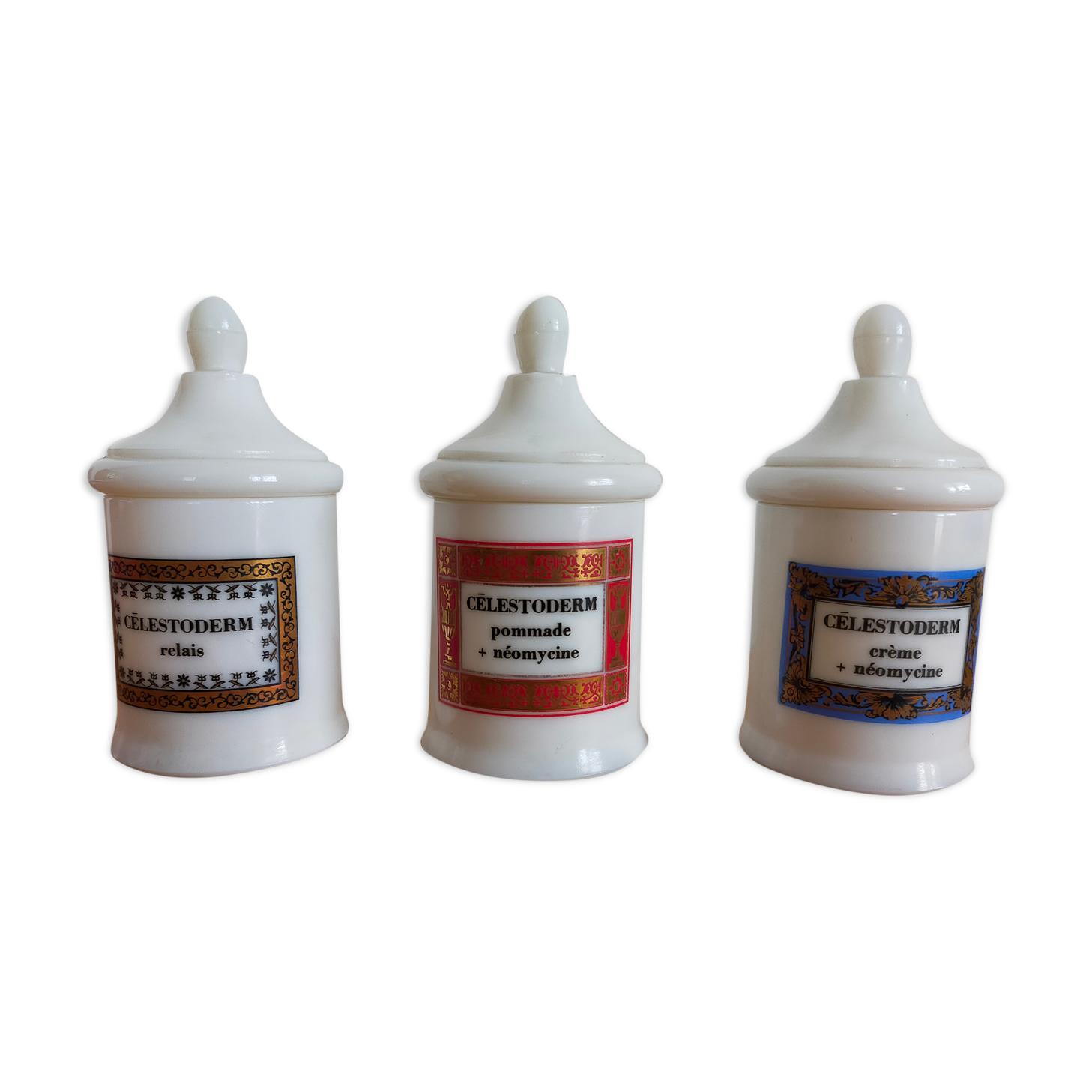 Set of 3 vintage pharmacy jars in apothecary opaline