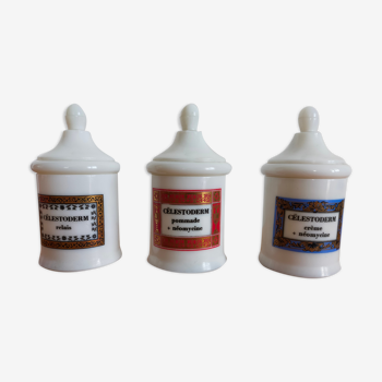 Lot de 3 pots de pharmacie vintage en opaline apothicaire