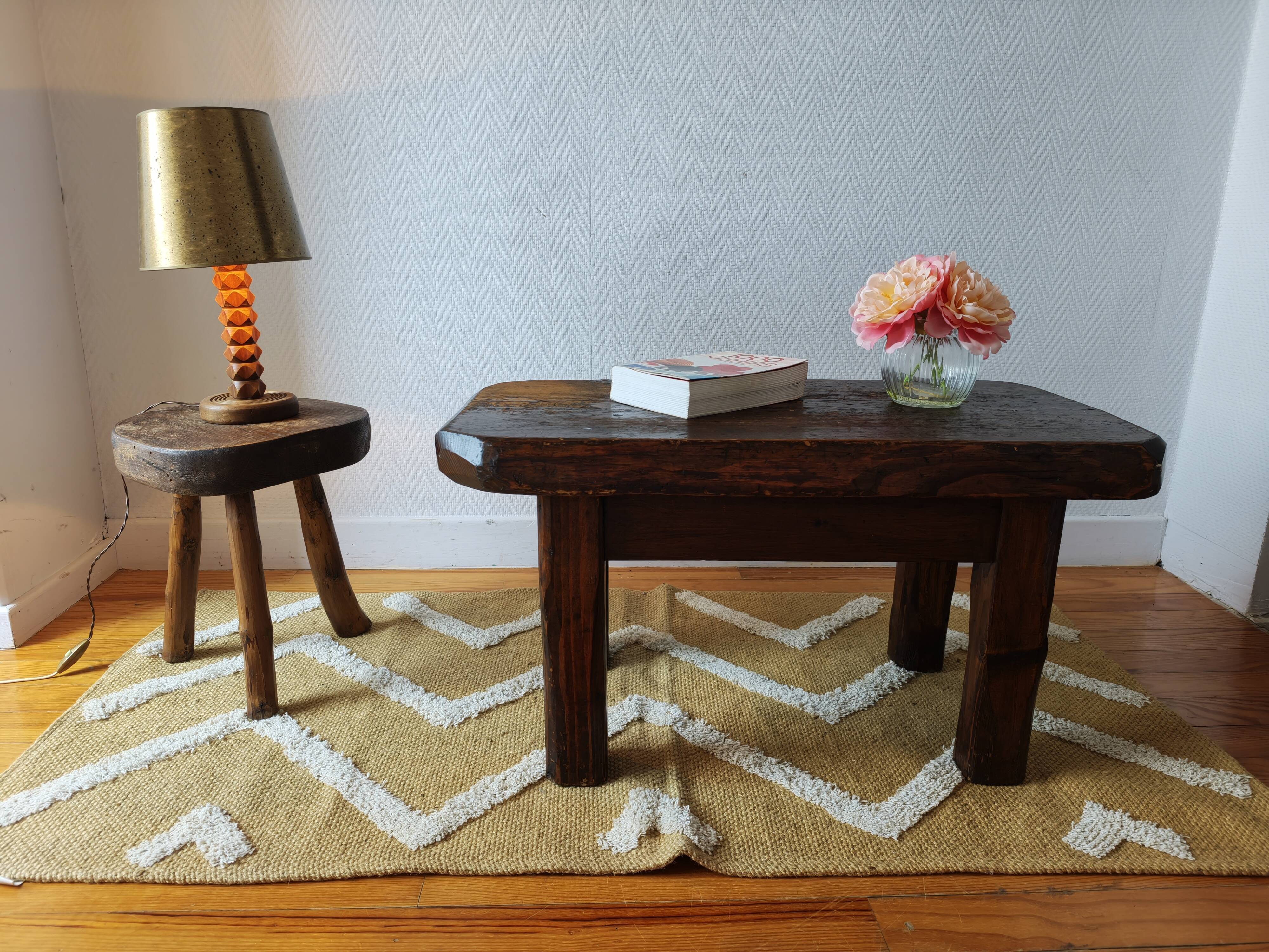 Brutalist coffee table made of solid wood – Handcrafted – 1960s-70s
