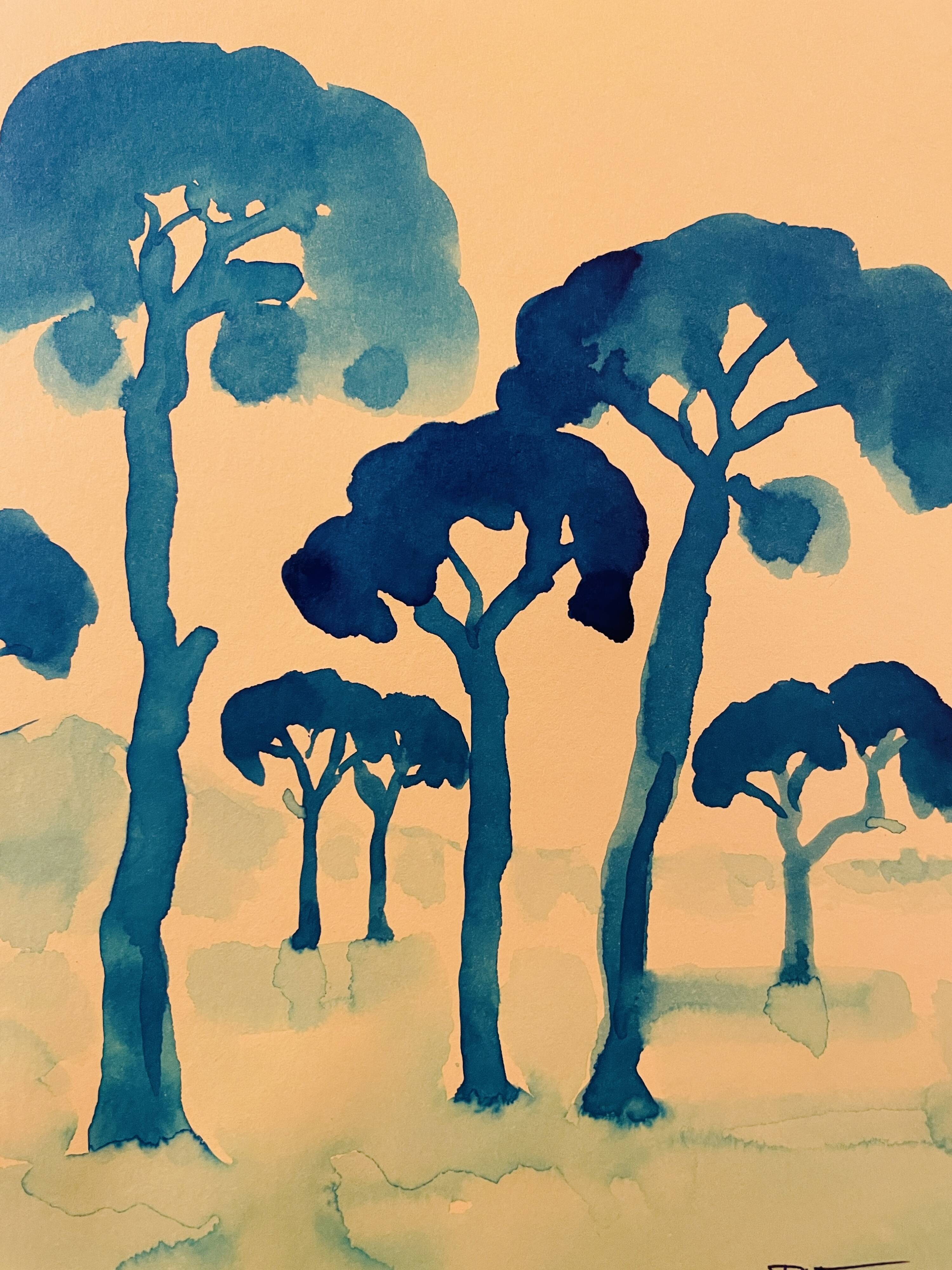 Tableau signé aquarelle coucher de soleil sur le Mont Ventoux Provence