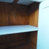 Vintage sideboard enhanced in cloud gray, pitch pine top.