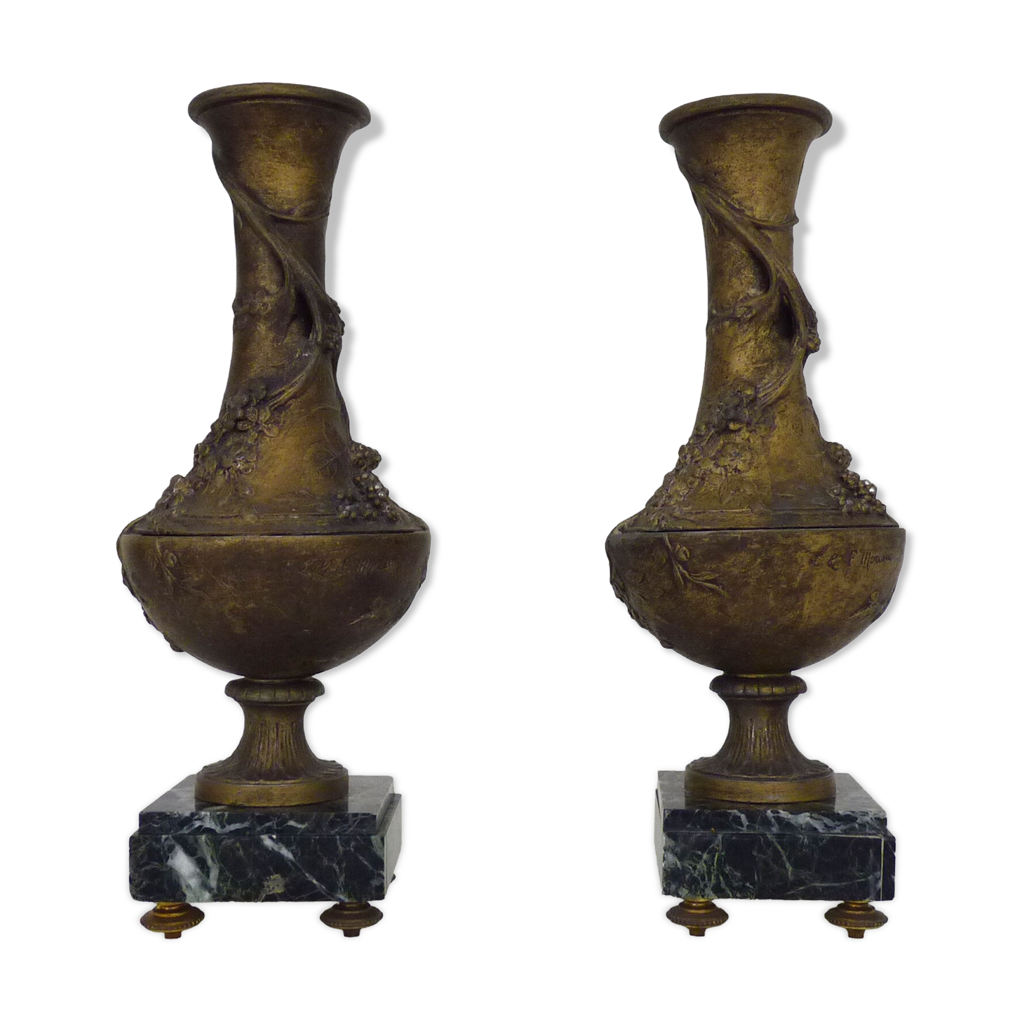 Pair of art nouveau vases in regulation on marble base signed l and f moreau