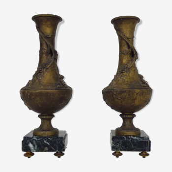 Paire de vases art nouveau en régule sur socle marbre signés l et f moreau
